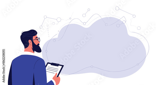 Businessman with a clipboard analyzing data in a large cloud computing thought bubble representing modern tech solutions.