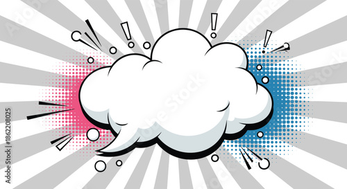 Pop art thought bubble with pink and blue halftone accents for a message on a classic gray retro sunburst background.