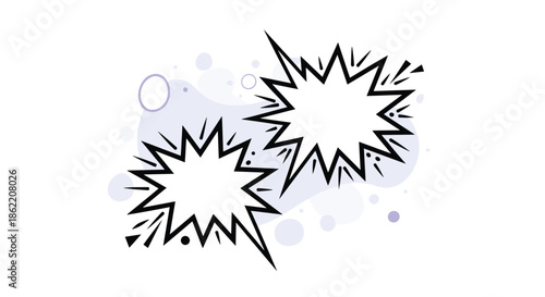 Two black and white comic book explosion speech bubbles for a dramatic conversation on a minimal abstract background.
