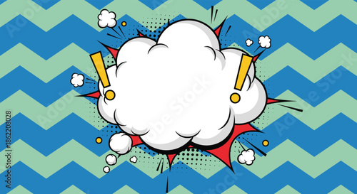 Comic book explosion cloud with exclamation marks for a surprise announcement on a blue and green chevron pattern background.