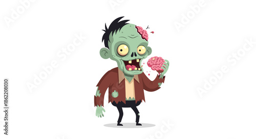 Funny green zombie character standing and holding a pink brain while showing pieces of brain on his head against white.