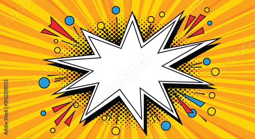 Colorful pop art comic explosion with abstract shapes on a bright orange sunburst background for a fun announcement.