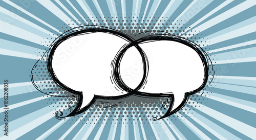 Two overlapping hand-drawn sketchy speech bubbles for a dialogue on a dynamic blue pop art sunburst background.