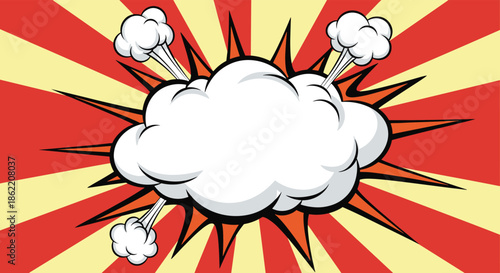 Classic pop art comic book explosion with a blank cloud for text on a red and cream retro sunburst background.