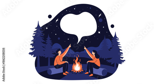 Couple camping by a fire at night sharing stories and dreams in a large speech bubble under a starry sky.