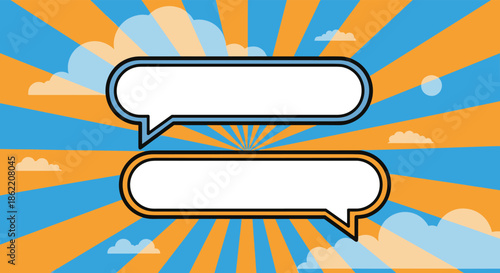 Two blank speech bubbles for a conversation or dialogue on a bright pop art sunburst background with clouds in the sky.