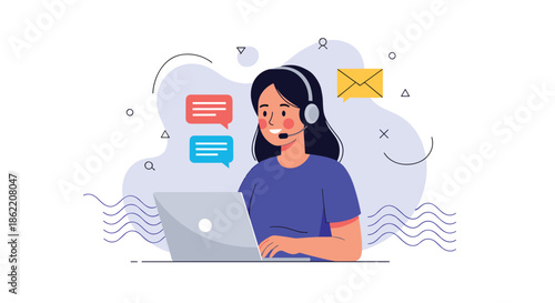 Female customer service representative with a headset at a laptop providing online support through chat and email channels.