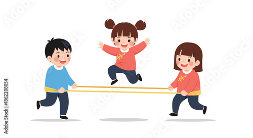 Three happy children playing a traditional Chinese jump rope game with two kids holding the elastic band and one jumping.