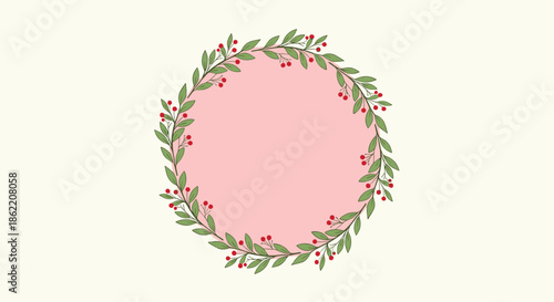 Simple and elegant Christmas wreath with green leaves and red berries creating a circular frame on a soft cream background.