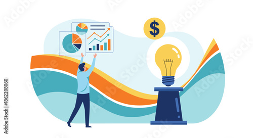 Man celebrating a profitable idea represented by a lightbulb and dollar sign with successful financial growth charts.