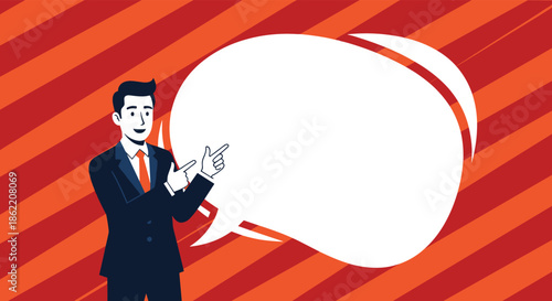 Businessman in a suit pointing to a large blank speech bubble for a presentation on a bold red striped background.