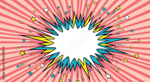 Colorful and energetic comic book explosion with stars on a vibrant pink pop art sunburst background for a fun message.