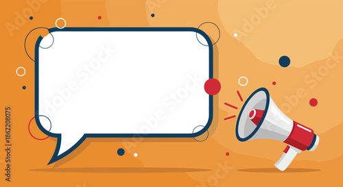 Megaphone making a loud announcement in a large blank speech bubble for marketing on a modern orange background design.