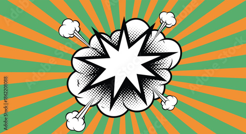 Black and white comic book explosion with smoke on a vibrant green and orange retro pop art sunburst background design.