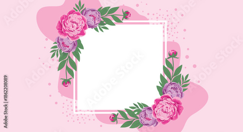 Elegant square floral frame with beautiful pink and purple peony flowers for a wedding invitation on a soft pink background.