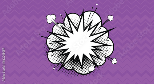 Black and white comic book explosion with a blank center for text on a vibrant purple chevron pattern background.