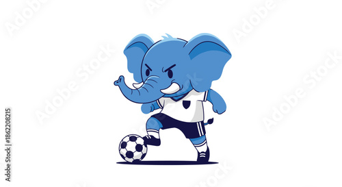 Determined blue elephant character wearing a soccer uniform and dribbling a football with its foot in an active pose.