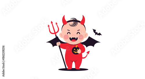 Cute baby wearing a red devil costume with horns, wings, and a pitchfork while holding a jack-o-lantern bucket on white.