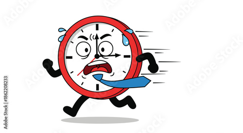Personified red alarm clock character running fast while sweating and showing a panicked expression for time management.
