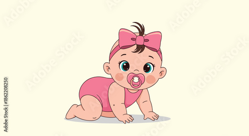 Adorable baby girl with a pink bow in her hair wearing a pink romper crawling and looking forward on white background.