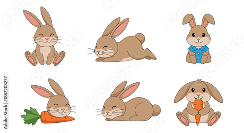 Set of six cute brown bunny rabbit characters in various poses like sitting, sleeping, eating carrots, and jumping on white.
