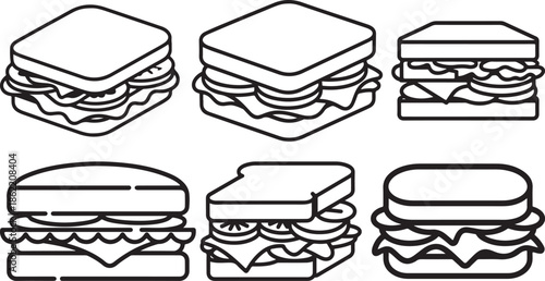 Set of Sandwich Line Art Vector Illustration for Coloring Book Page