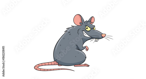 Devious looking cartoon rat with a mischievous grin and sharp teeth standing on its hind legs in a simple vector style.