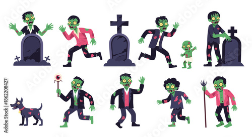 Collection of spooky cartoon zombie characters in different poses including a zombie dog and graves for halloween design.