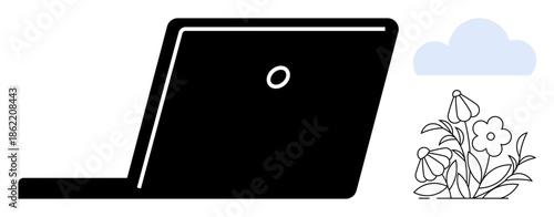 Work-life balance, remote work, eco-friendly technology, sustainability, creativity, productivity. Minimalist laptop next to flowers and a cloud. Work-life balance and remote work concept