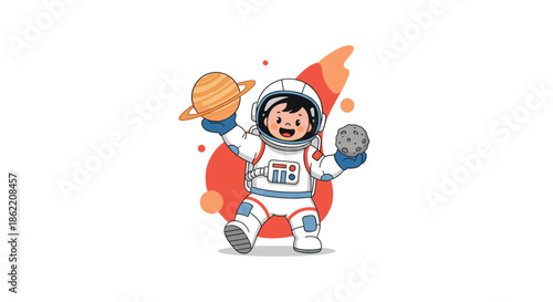 Happy little boy astronaut in a space suit holding Saturn and the Moon in a whimsical cosmic exploration illustration.