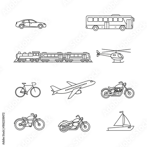 Vector icon set of transportation and travel symbols in a linear outline style. Includes car, plane, bus, train, bicycle, scooter, truck, helicopter, parking and traffic.