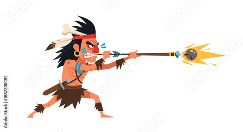 Angry tribal warrior with feathers in hair throwing a spear with an explosive fire tip in a dynamic combat action pose.