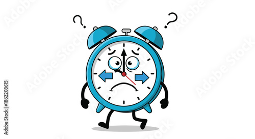 Confused cartoon alarm clock character with question marks looking around as if lost or unsure of the time or direction.