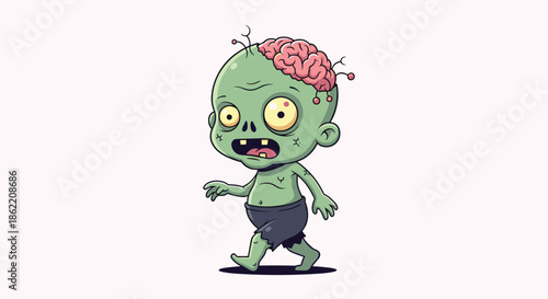 Small green zombie child with exposed brain walks slowly against a soft pink background for spooky Halloween or game character themes.