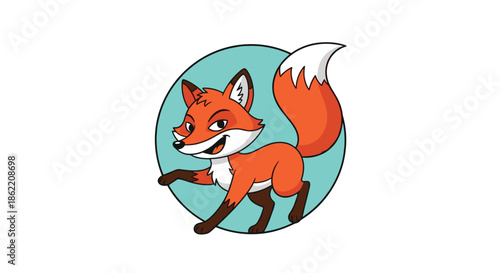Cunning cartoon red fox with a big bushy tail looking sideways with a sly smile inside a blue circular background frame.