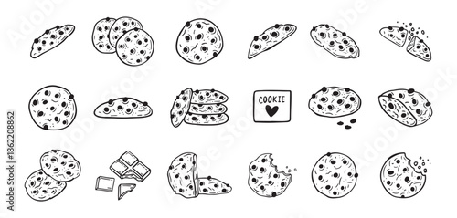 Chocolate chips cookie hand drawn doodle icon set. Drawing black and white sketch biscuit. Chocolate biscuit collection.