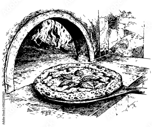 Appetizing delicious pizza cooked with wood fire in a traditional stone oven.