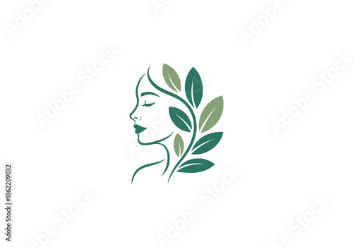Organic Beauty Line Art Logo with Woman and Leaves PNG, beauty logo, Skincare design Transparent Backgroung