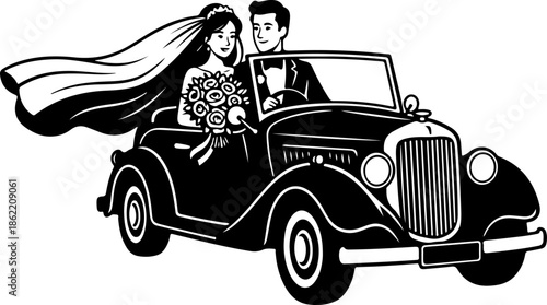 Romantic Wedding Couple Car Black and White Silhouette Vector