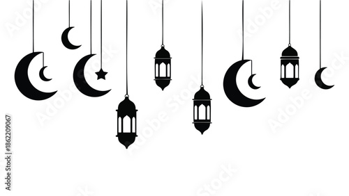 elegant hanging crescent moons, star, and lanterns silhouette for Ramadan and eid celebration