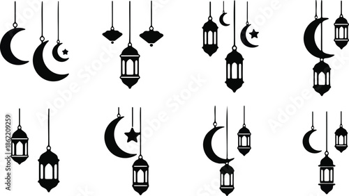 crescent moons and lanterns silhouette vector hang against a creating a festive