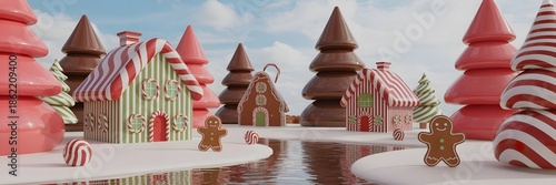 Delightful gingerbread village showcasing charming candy architecture and delightful treats evoking cheerful christmas spirit against clear scenic background