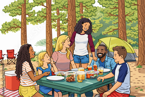 A cheerful family enjoying nature at the camp they set up by the forest.