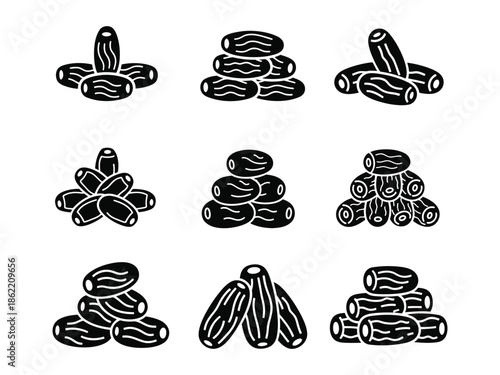 Collection of delicious and nutritious dates fruit in various piles and arrangements icon set
