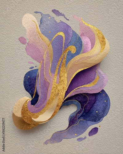 Abstract Watercolor Swirls with Gold Accents and Purple Hues