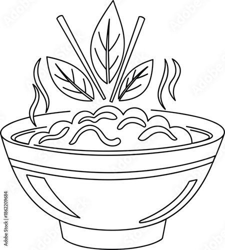 Hot noodle bowl with steam, chopsticks, and garnish in black and white line art style, representing Asian cuisine simplicity.