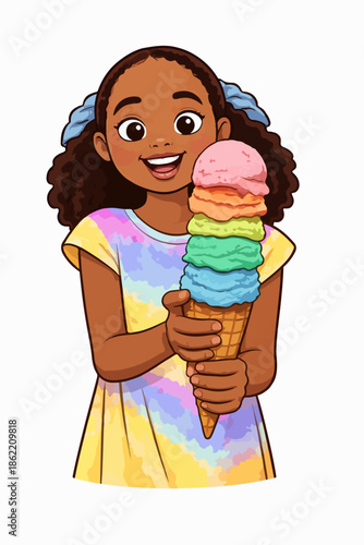 Cheerful child whose eyes shine with happiness with the huge ice cream in hand.