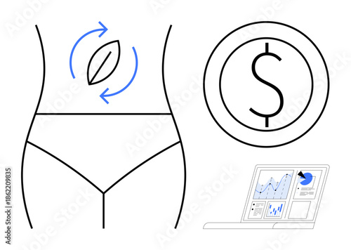 Health improvement, financial wellness, detox, metabolism, economic growth, data analysis. Woman s midsection with detox arrow, dollar coin analytics on a laptop. Health improvement and financial