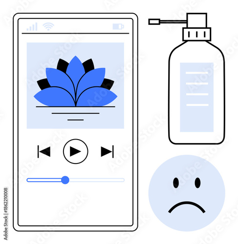 Wellness concept. Wellness tools thumbs up a meditation app, sanitizer, and sad emotion mental and physical well-being. Wellness for daily health, mindfulness, self-care, hygiene, and mood management
