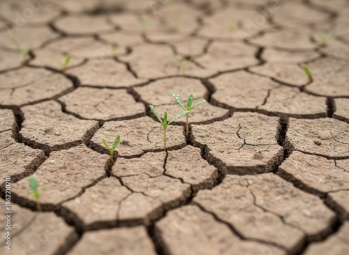 Dry Cracked Earth with Small Plants Growing.